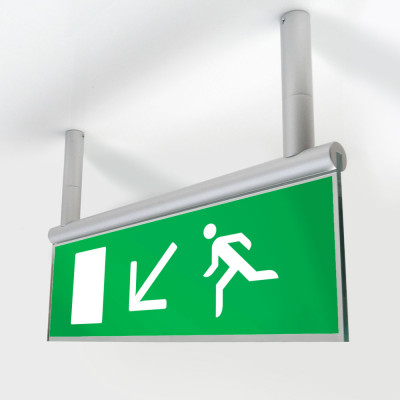 Fire Exit Sign - Ceiling Mounted Signslot - Down Left Arrow