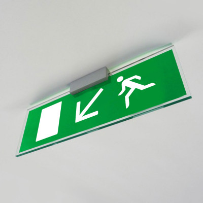 Fire Exit Sign, Ceiling Mounted, Down Left Arrow